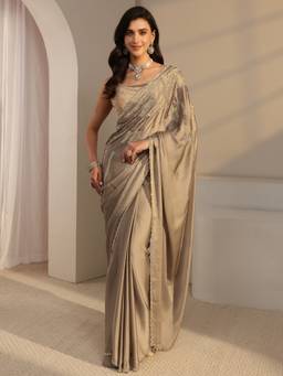Libas - Taupe Embellished/Sequined Saree with Unstittched Blouse