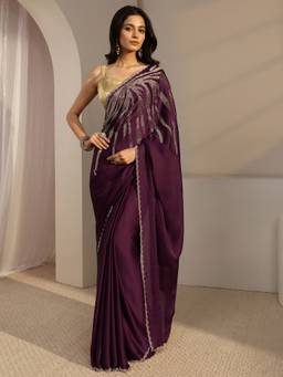 Libas - Burgundy Embellished/Sequined Saree with Unstittched Blouse