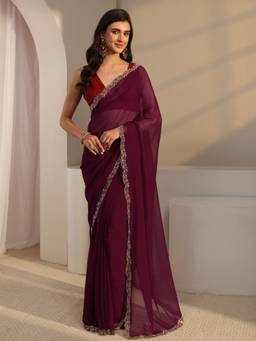 Libas - Burgundy Embellished/Sequined Saree with Unstittched Blouse
