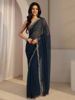 Libas - Blue Embellished/Sequined Saree with Unstittched Blouse