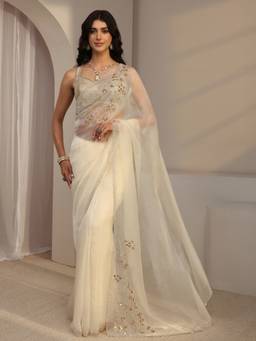 Libas - White Embellished/Sequined Saree with Unstittched Blouse