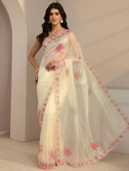 Libas - Cream Embellished/Sequined Saree with Unstittched Blouse