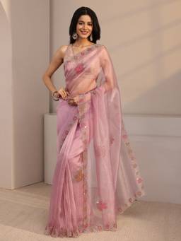Libas - Pink Embellished/Sequined Saree with Unstittched Blouse