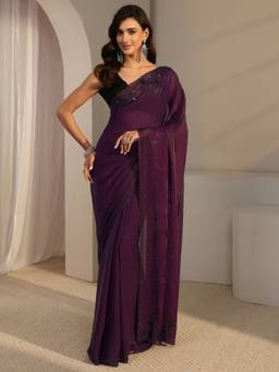 Libas - Purple Embellished/Sequined Saree with Unstittched Blouse