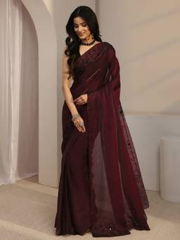 Libas - Burgundy Embellished/Sequined Saree with Unstittched Blouse