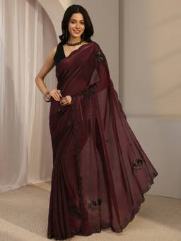 Libas - Maroon Embellished/Sequined Saree with Unstittched Blouse