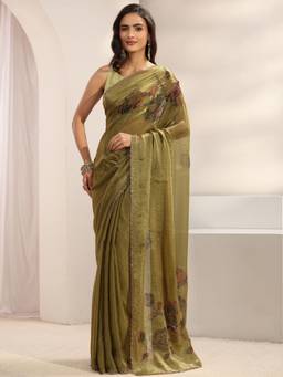 Libas - Green Embellished/Sequined Saree with Unstittched Blouse