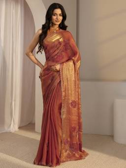 Libas - Orange Embellished/Sequined Saree with Unstittched Blouse