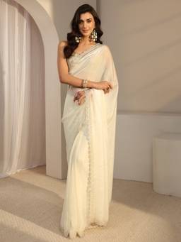 Libas - Cream Embellished/Sequined Saree with Unstittched Blouse