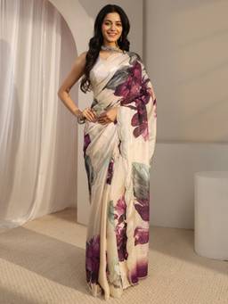 Libas - Cream Embellished/Sequined Saree with Unstittched Blouse