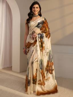 Libas - Cream Embellished/Sequined Saree with Unstittched Blouse