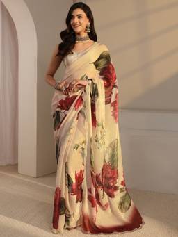 Libas - Cream Embellished/Sequined Saree with Unstittched Blouse