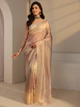 Libas - Beige Embellished/Sequined Saree with Unstittched Blouse