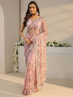 Libas Art - Pink Embroidered Saree with Unstittched Blouse