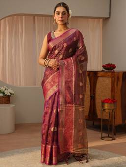 Libas - Burgundy Woven Saree with Unstittched Blouse