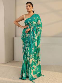 Libas - Green Floral Saree with Unstittched Blouse