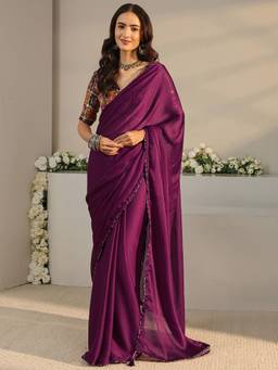 Libas - Burgundy Solid/Plain Saree with Unstittched Blouse