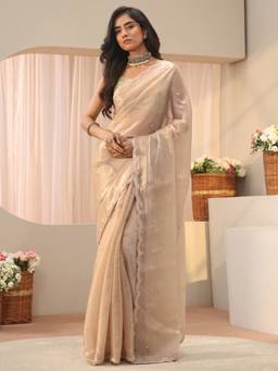 Libas - Taupe Embroidered Saree with Unstittched Blouse