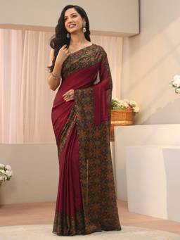 Libas - Maroon Printed Saree with Unstittched Blouse