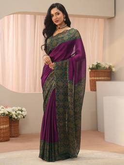 Libas - Burgundy Printed Saree with Unstittched Blouse