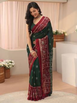 Libas - Green Printed Saree with Unstittched Blouse
