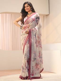 Libas - Off White Floral Saree with Unstittched Blouse