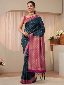 Libas - Navy Blue Woven Saree with Unstittched Blouse