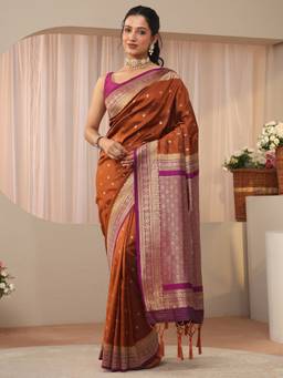 Libas - Rust Woven Saree with Unstittched Blouse