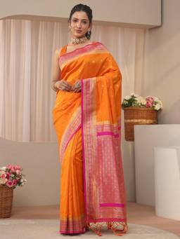 Libas - Orange Woven Saree with Unstittched Blouse