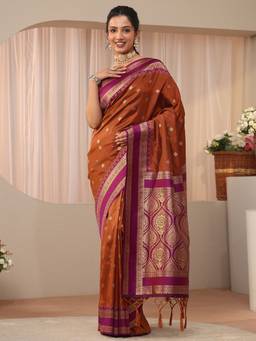 Libas - Rust Woven Saree with Unstittched Blouse
