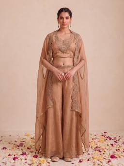 Autumnlane - Coral Emroidered Sweetheart Crop Top Palazzo with Shrug