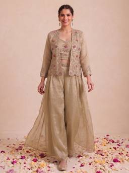 Autumnlane - Beige Embroidered Sweetheart Crop Top Palazzo & Jacket