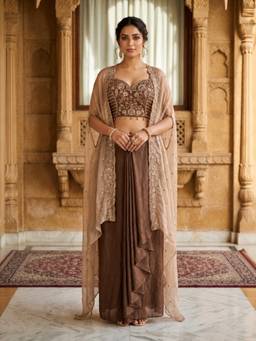 Autumnlane - Brown Embellished/Sequined Sweetheart Crop Top Skirt & Cape