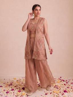 Autumnlane - Coral Embroidered Sweetheart Crop Top Palazzo & Jacket