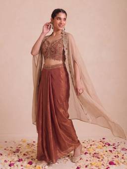Autumnlane - Pink Embellished/Sequined Sweetheart Crop Top Skirt & Cape