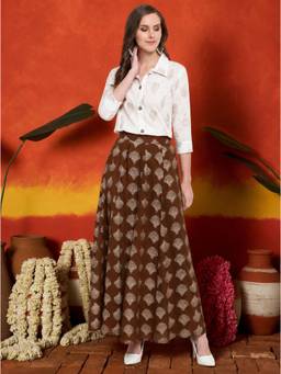 Stylum - Brown Printed Collar Neck Shirt & Skirt