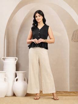 Stylum - Black Solid/Plain V-Neck Top & Pant