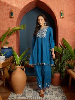 Stylum - Blue Embroidered Round Neck Kurti & Palazzo