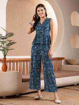 Stylum - Blue Printed V-Neck Top & Pant