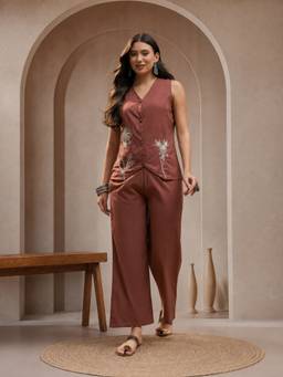 Stylum - Brown Embroidered V-Neck Waistcoat & Pant
