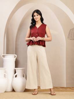 Stylum - Maroon Solid/Plain V-Neck Top & Pant