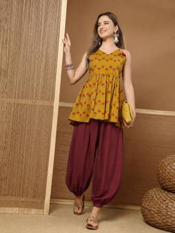 Stylum - Mustard Floral Shoulder Straps Kurti & Salwar
