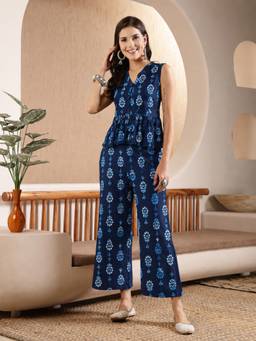 Stylum - Navy Blue Printed V-Neck Top & Pant