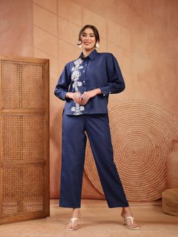 Stylum - Navy Blue Embroidered Collar Neck Shirt & Pant