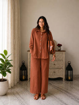 Stylum - Rust Solid/Plain Collar Neck Shirt & Palazzo
