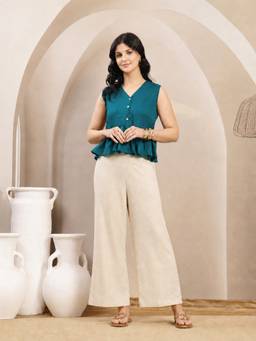 Stylum - Teal Solid/Plain V-Neck Top & Pant