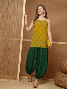 Stylum - Yellow Floral Shoulder Straps Kurti & Salwar