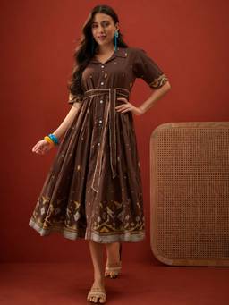 Stylum - Brown Solid/Plain Collar Neck Midi Dress & Belt