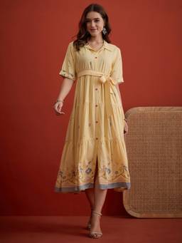 Stylum - Yellow Printed Collar Neck Maxi Dress & Belt