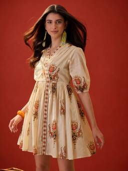 Stylum - Cream Printed V-Neck Mini Dress